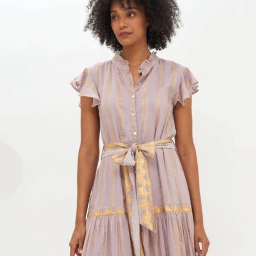 OLIPHANT RUFFLE COLLAR BUTTON MAXI - PIXIE GREY/Hand painted gold- Sz. L - NWT
